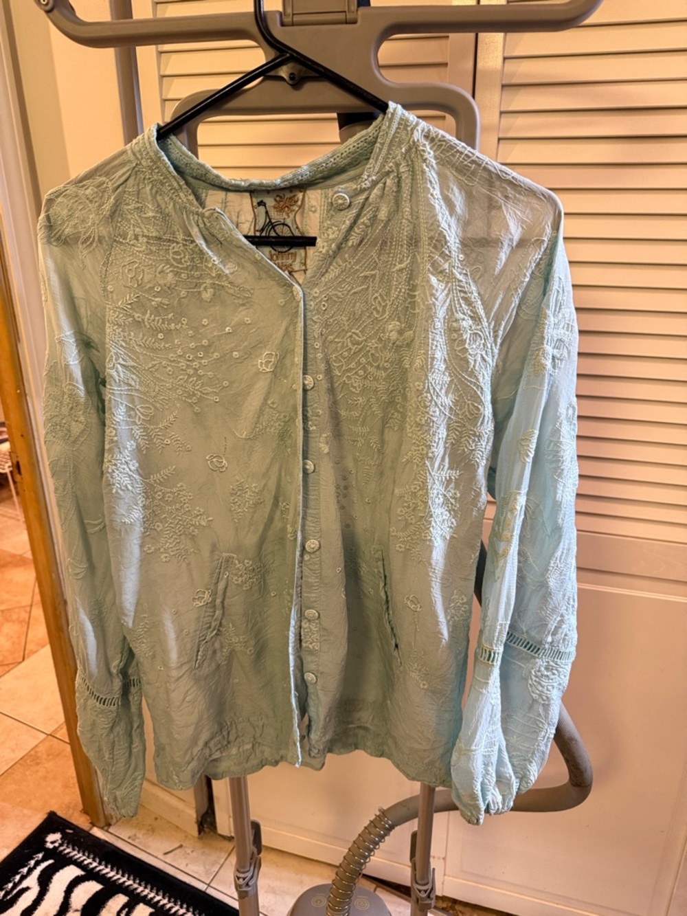 Johnny Was Light Blue Embroidered Button-Down Shirt